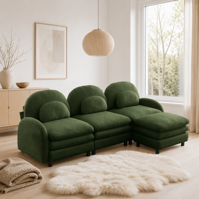 Teddy Fabric 3-Seat Modular Sofa with Curved Backrest, Movable Ottoman, Double-Layer Cushions, and Ergonomic Lumbar Support.