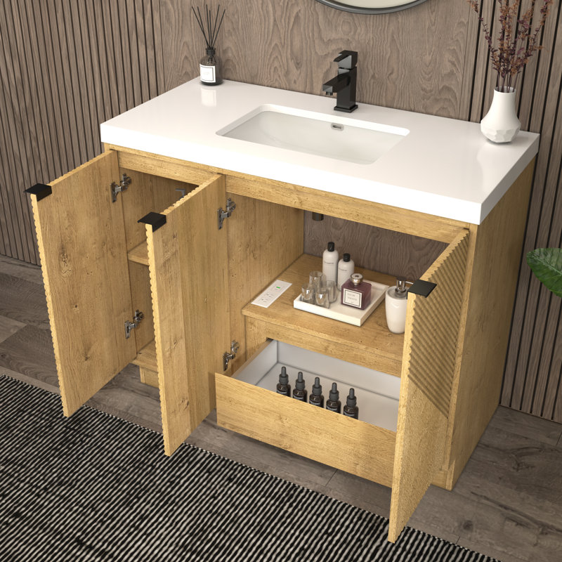 Meuble-lavabo autoportant avec lavabo en acrylique renforcé 41,7 po (portes à droite) et 47,2 po Monterey, Chêne, 42"