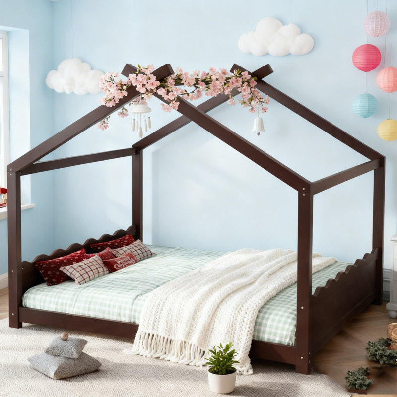Lit de maison avec lattes de soutien, cadre de lit en bois massif pour enfants, aucun sommier et ouverture, Lit double