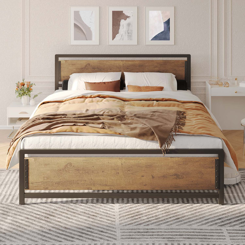 Modern Wood & Black Metal Platform Bed Frame with Sturdy Headboard, Full, Brown