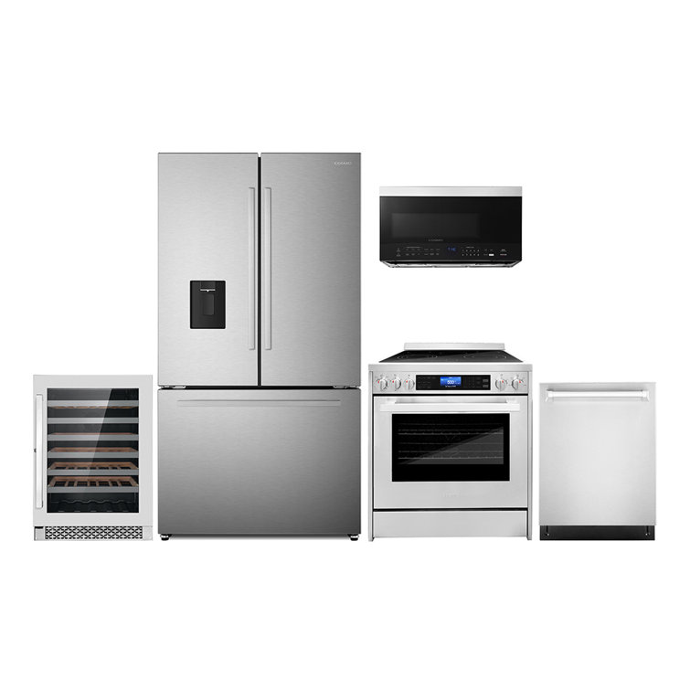 Cosmo 4 Piece Kitchen Appliance Package with 24 Built-In Microwave Drawer  30 Freestanding Electric Range 24 48 Bottle Single Zone Wine Cooler 