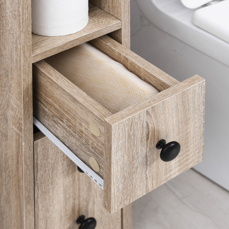Armoire de salle de bain autoportante compacte avec 2 armoires ouvertes, 1 armoire à portes, 1 tiroir et 4 roulettes