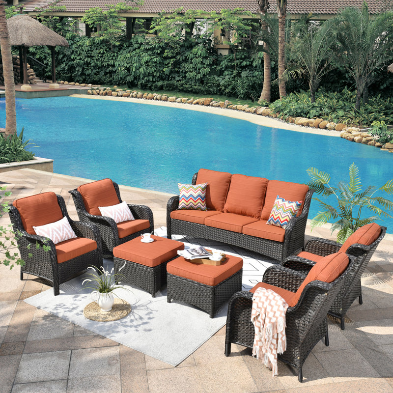 Ensemble de conversation en osier / rotin pour 7 personnes avec coussins, Coussin orange rouge / cadre brun