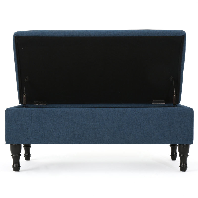 Rangement - Confortable, tissu bleu marine avec pieds en bois foncé fuchsia
