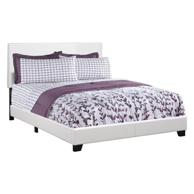 Queen Bedroom Bed, Upholstered In White Leather-Like Covering Size Fabric