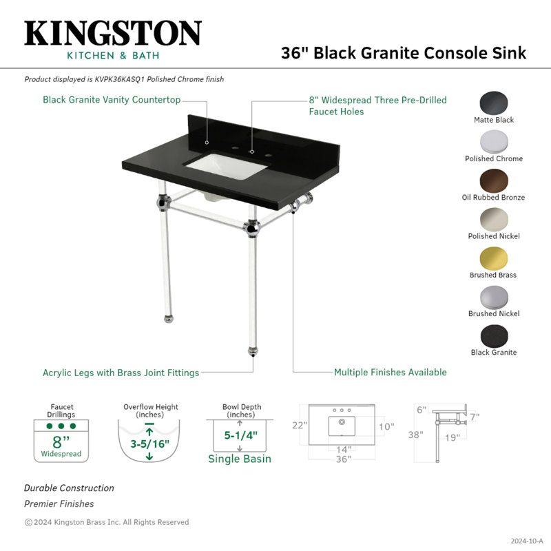Kingston Brass Templeton 36-Inch Black Granite Console Sink with Acrylic Legs (8-Inch, 3-Hole), Black Granite/Polished Nickel