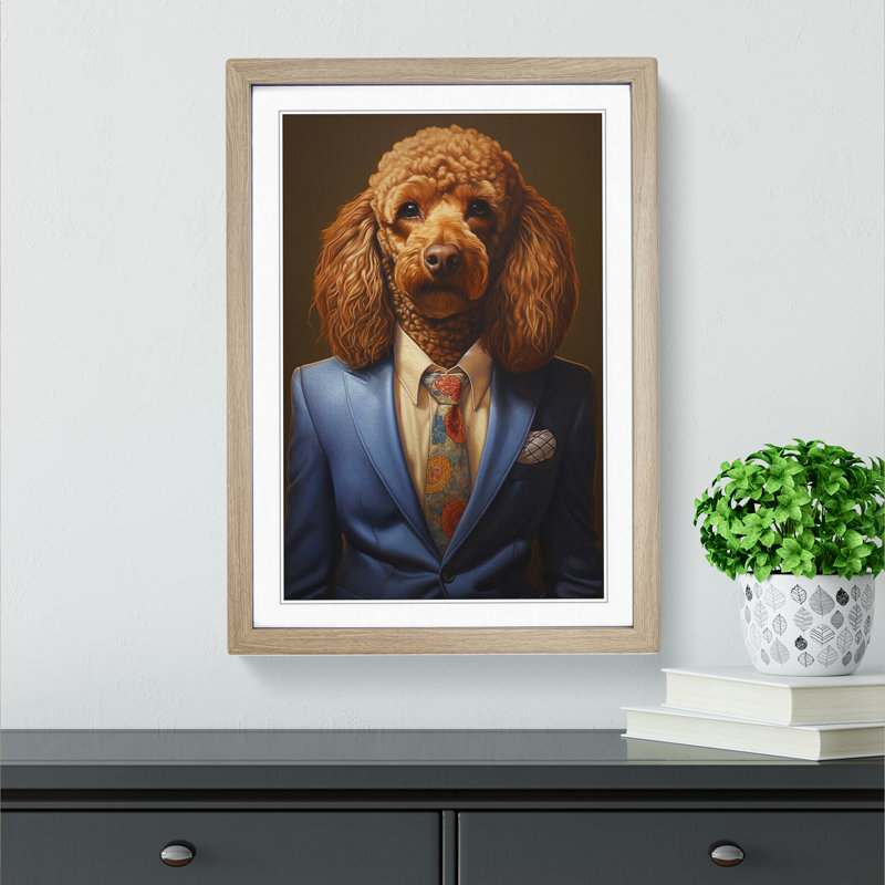 Poodle In A Suit - Single Picture Frame Print on Wood, 46cm H x 34cm W x 2cm D, Oak