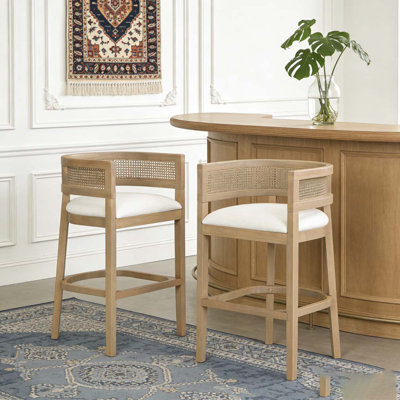 Wood And Rattan Upholstered Arm Bar Stools