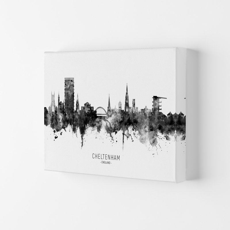 Cheltenham England Skyline Black White City Name by Michael Tompsett - Print, 42cm H x 59.4cm W x 4cm D, Wrapped Canvas