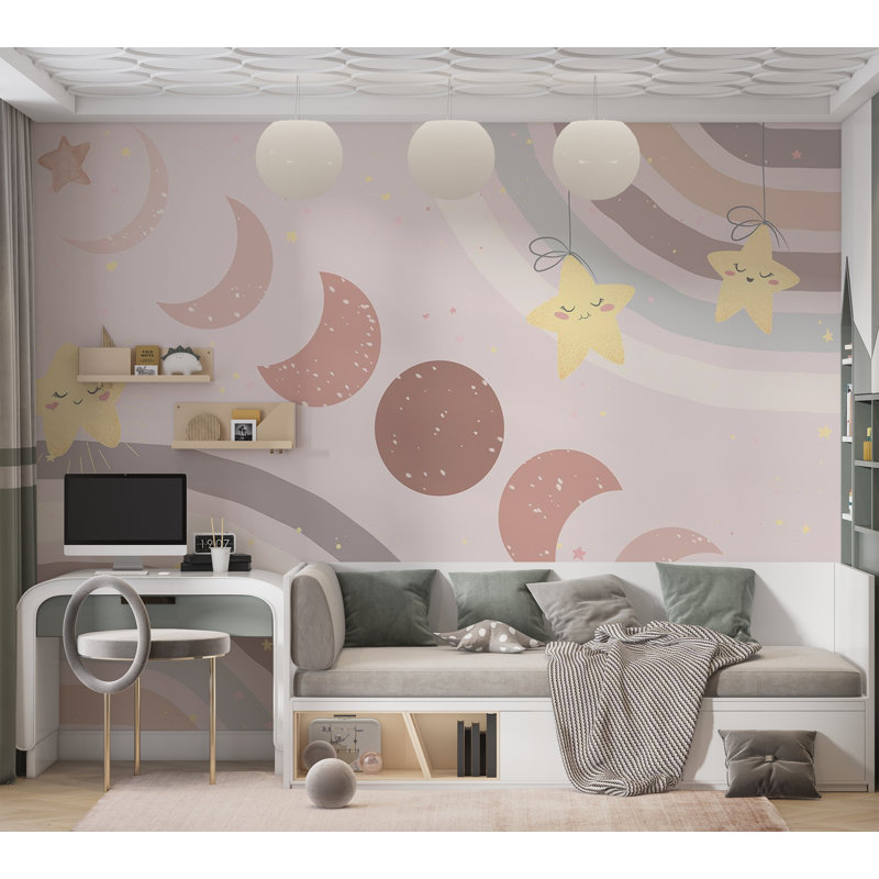 Adhésif mural pelez et collez pour enfants - La lune parmi les étoiles et les arcs-en-ciel, L 27 po x l 38 po