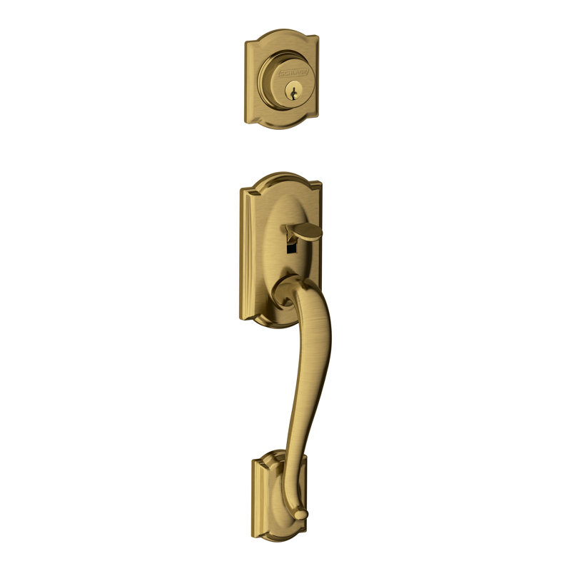 Camelot Exterior Portion Handleset with Single Cylinder Deadbolt (Interior Portion Sold Separately), Antique Brass