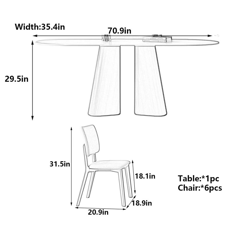Modern Rectangular Dining Table with  Chairs, 29.5"H x 70.9"L x 35.4"W