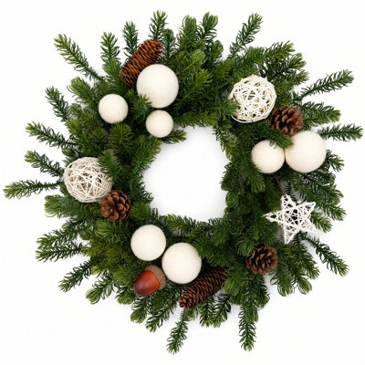 Couronne de Noël champêtre pré-illuminée de 50 cm (20 pouces) avec 20 lumières DEL, pommes de pin et boules de velours beige
