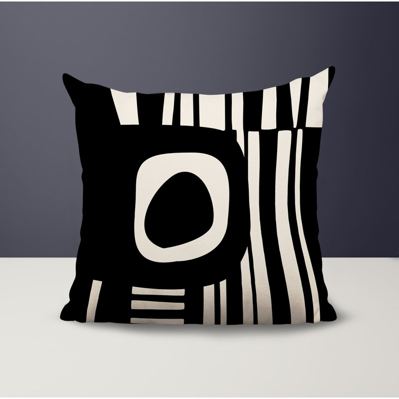 Oreiller carré réversible intérieur / extérieur Jina, Noir / blanc cassé abstrait, H 15 po x l 15 po