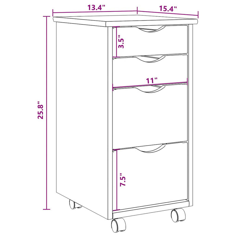 Jennasis vidaXL MOSS 4-Drawer Chest with Wheels, Solid Pinewood, 13.4"x15.4"x25.8", White