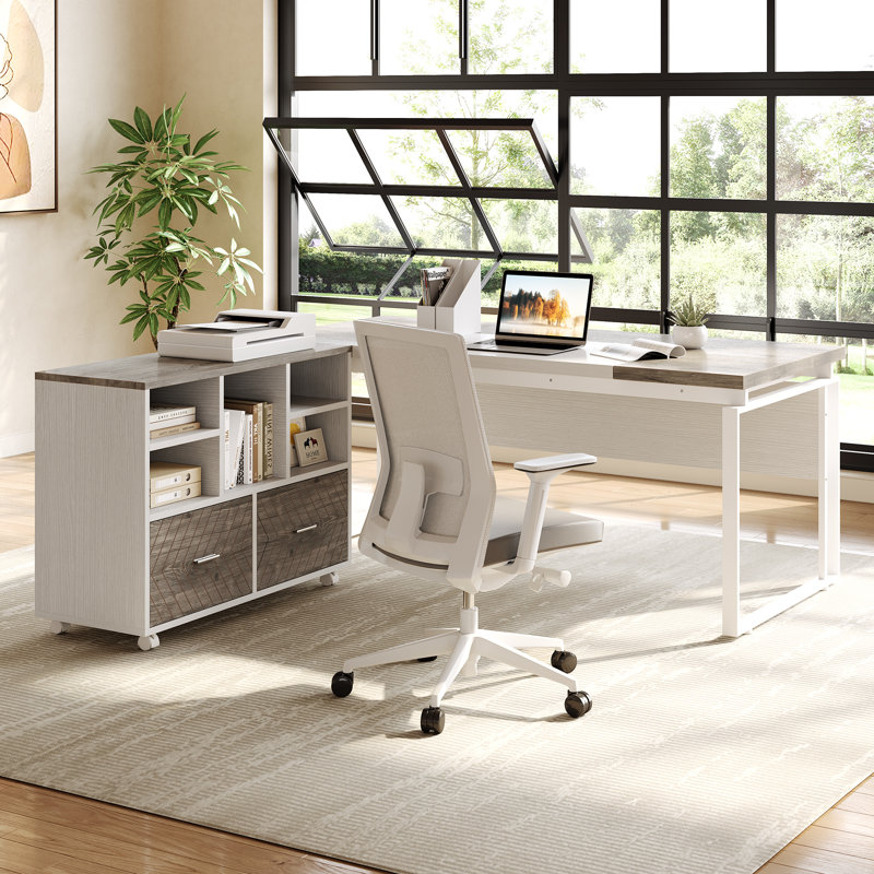 2-Piece Executive Desk with File Cabinet for Home Office, Gray/White