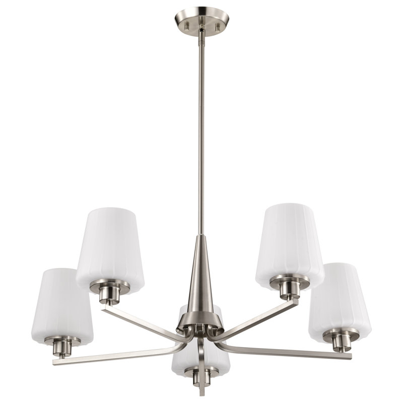 Lune - lustre - verre blanc gravé, 5 lumières, H 10,25 po x l 30 po x P 30 po, Nickel brossé