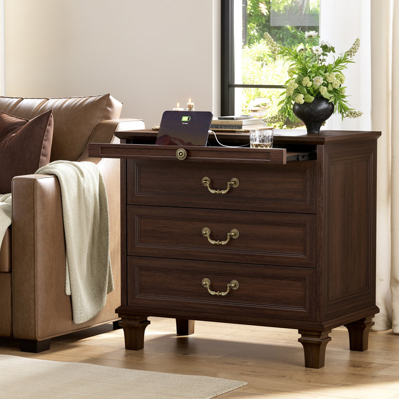 27.5" 3-Drawer Nightstand With Hidden Outlets, Pull-Out Shelf & Elegant Solid Wood Legs