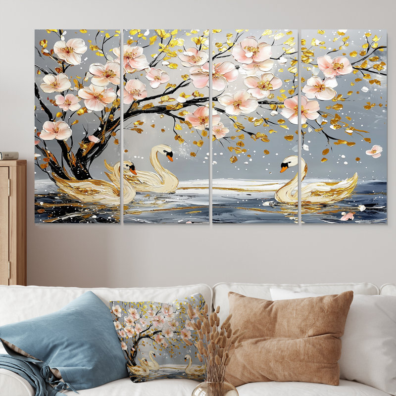 Cygnes roses et dorées «Love Under Cherry Blossom III» - ensemble d'art mural sur toile Cherry Blossom, H 28 po x l 48 po