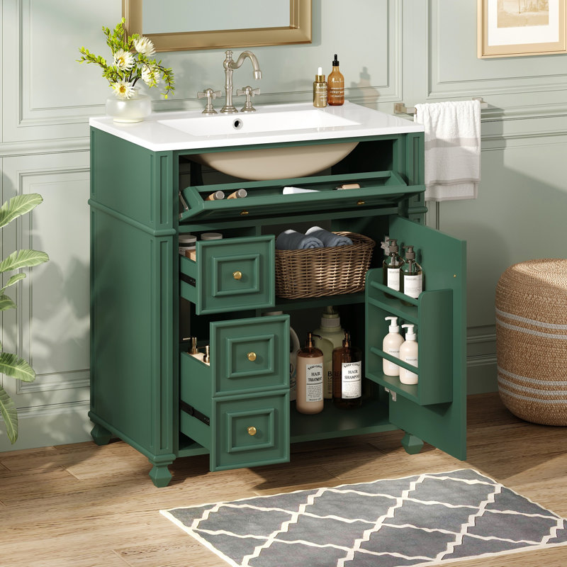 Meuble-lavabo de salle de bain avec lavabo en céramique, Vert
