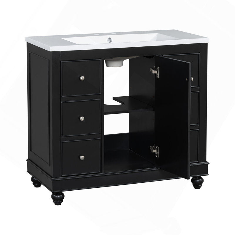 Meuble-lavabo contemporain noir - 36 po x 18 po x 34 po, 4 tiroirs et 1 porte d'armoire, rangement polyvalent, lavabo intégré en résine, tablettes réglables, structure en bois massif avec panneau de fibres à densité moyenne