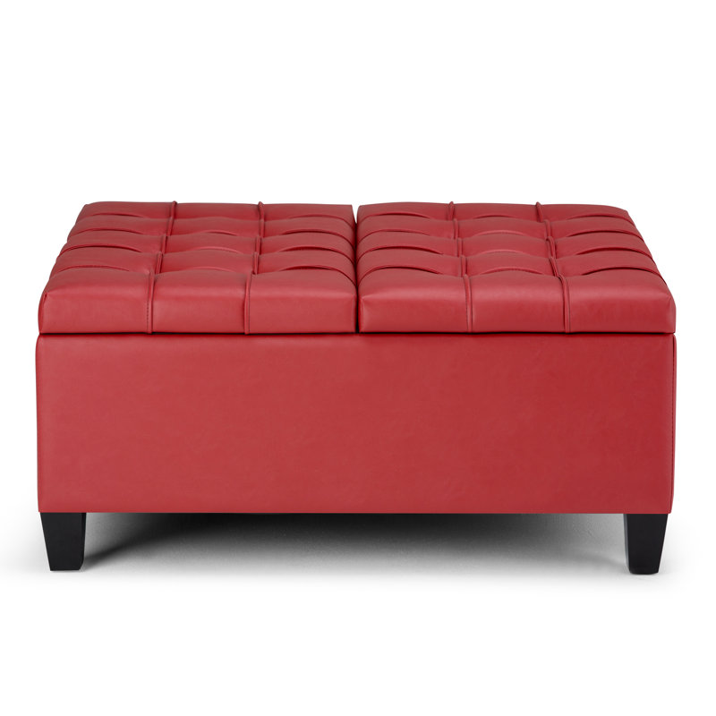 Harrison 36"W Upholstered Vegan Leather Transitional Square Lift-Top Ottoman with Hidden Storage, Crimson Red Faux Leather