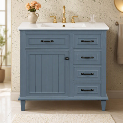 Meuble-lavabo de 36 pouces avec comptoir en céramique, structure en bois massif, armoire en bois aggloméré et peuplier, tiroirs rabattables, tablette réglable et poignées en alliage de zinc, armoire de rangement autoportante (robinet non inclus)