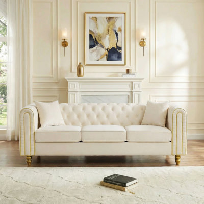 Canapé 3 places en velours, canapé Chesterfield rembourré avec accoudoirs roulés, garniture dorée et pieds en bois massif, coussins amovibles pour le salon
