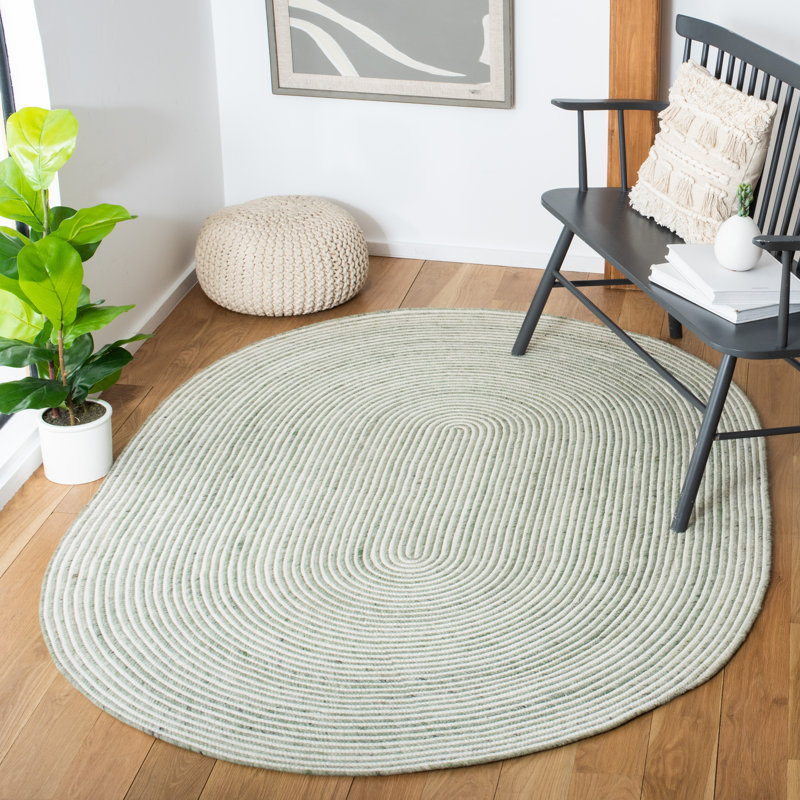Tapis vert / ivoire en laine et coton tissé à la main Mccarthy, Ovale 5 pi x 7 pi