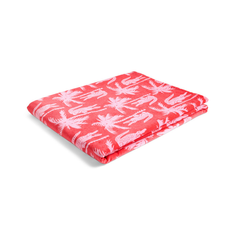 Lacoste Oversized Cotton Beach Towel 36x72, Allover Croc Palm Coral Pink