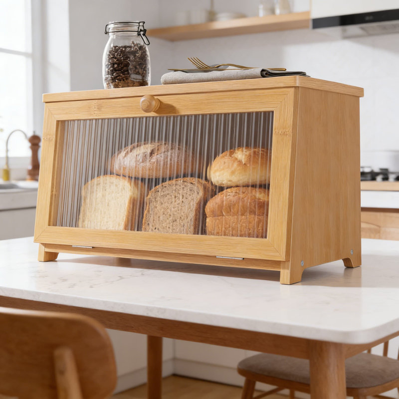Boîte à pain en bois pour comptoir de cuisine avec fenêtre de vue, contenant de rangement en pain de bambou de grande capacité avec porte magnétique, organisateur de cuisine polyvalent