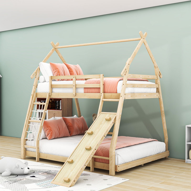 Twin Over Queen House Bunk Bed With Climbing Nets, Ramp And Guardrails, Natural