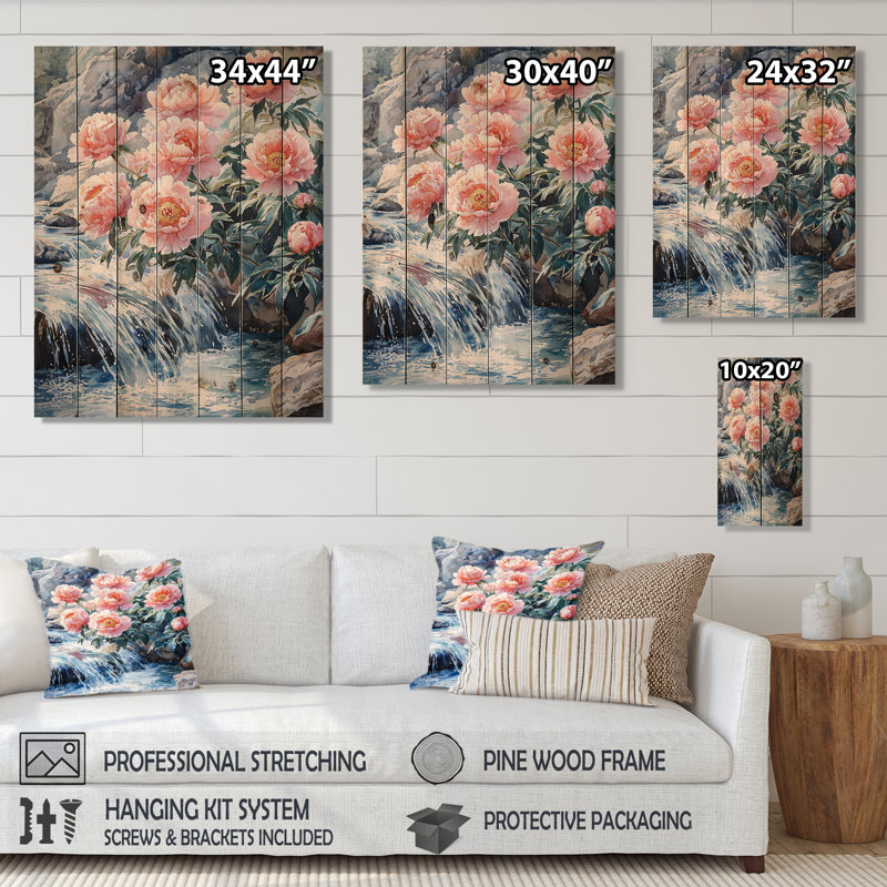 Pivoines hivernales et la rivière Glacier III - Décoration murale en bois de pivoines - sur bois de pin naturel