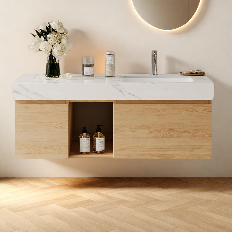 48 Inch Bathroom Vanity with Sink, Floating Vanity Bathroom with Drawers, Open Shelf, White, Light Wood