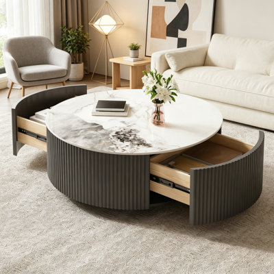 Round Movable Coffee Table with Casters and 2 Drawers