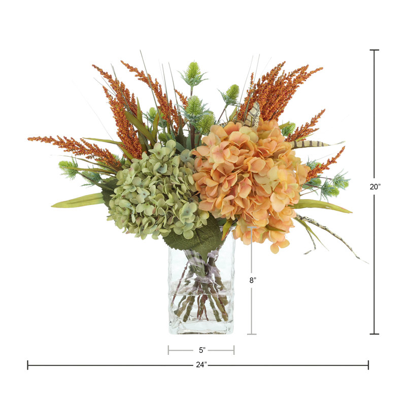 Hydrangea and Heather Fall Arrangement in a Glass Vase