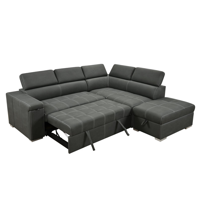 Canapé-lit modulaire convertible avec repose-tête réglable et repose-pieds avec rangement, Microfibre grise