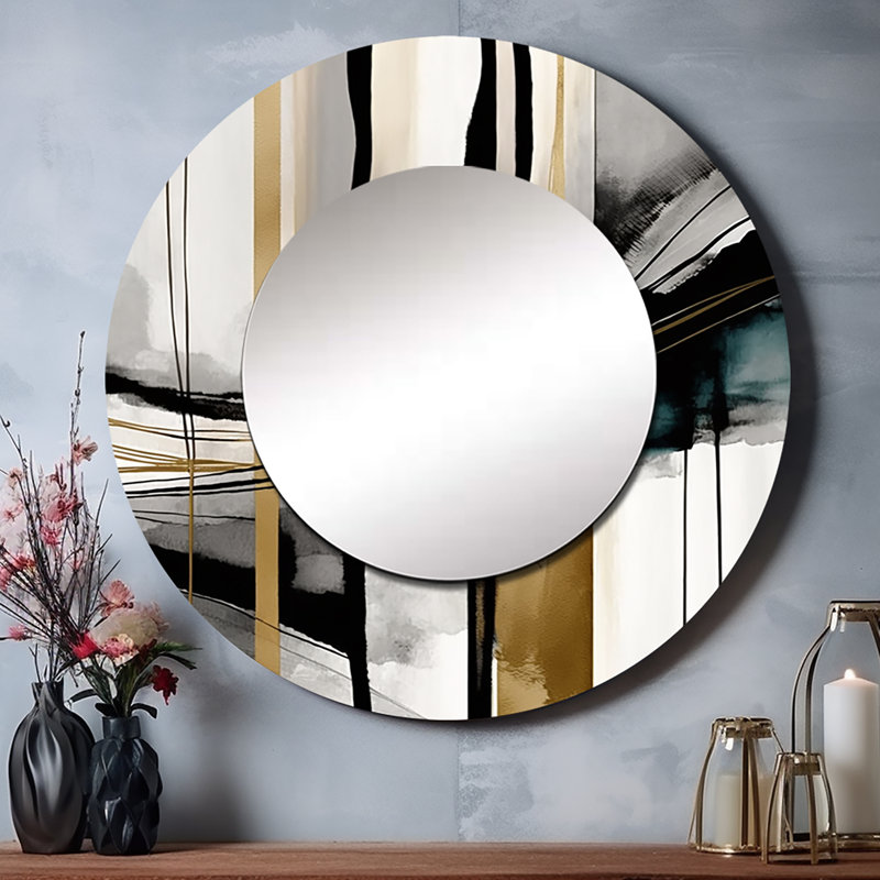 Quenia Abstract Transitional Modern Shapes II - miroir mural à formes abstraites, miroir décoratif rond noir, 23 po x 23 po