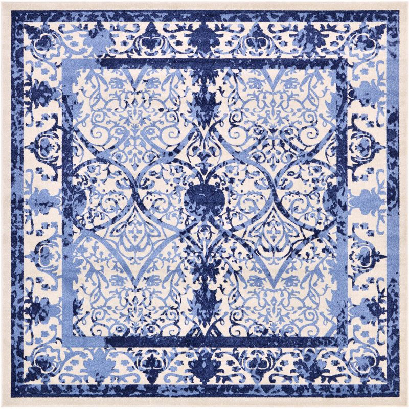 Tapis oriental bleu denim / bleu égéen Ade, Carré 6 pi