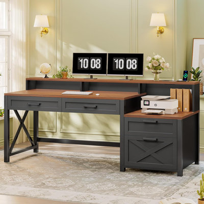 Bureau à la maison avec tiroir classeur et prise de courant Farmhouse, bureau d'ordinateur à 4 tiroirs