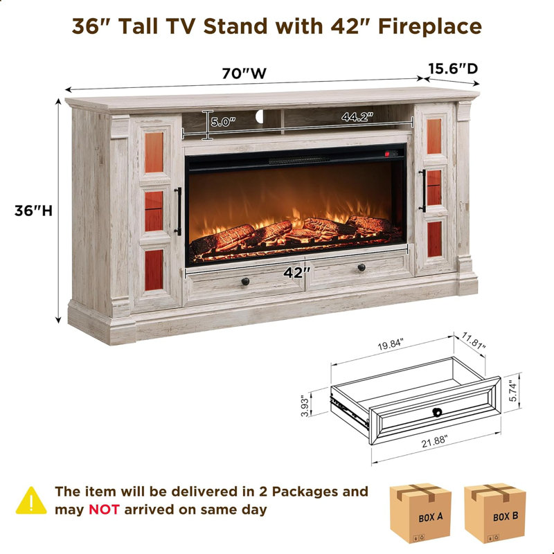 Farmhouse Tv Stand With Electric Fireplace, Antique Brush White
