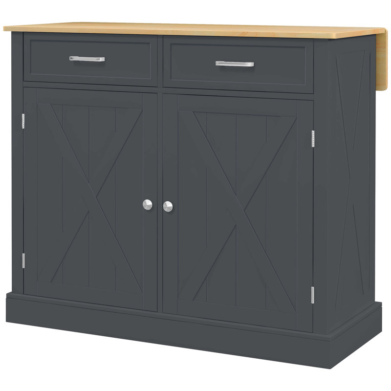Rolling Kitchen Island With Drop Leaf Wood Breakfast Bar, Farmhouse Kitchen Cart With 2 Drawers, Adjustable Shelves For Dining Room, Dark Gray