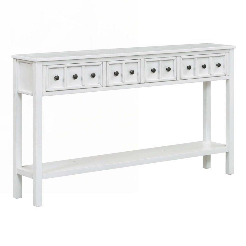 Wood Console Table with two Different Size Drawers, Bottom Shelf, Antique White