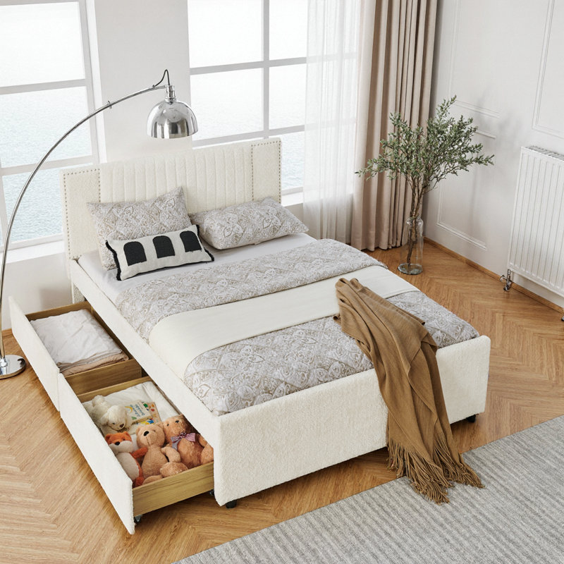 Lit de jour UNANI rembourré avec couchette et tiroirs de rangement, tissu chenille, Full, Beige