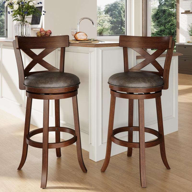 Danazia 30" Traditional Faux Leather Swivel Bar Stool with X Back for Kitchen (Set of 2), Dark Cherry/Fondant, 2