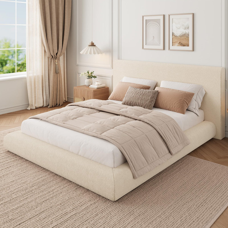 Structure de lit double avec tête de lit tapissier, lit plateforme double Cloud complet, aucun sommier requis, assemblage facile, tissu moelleux doux, blanc