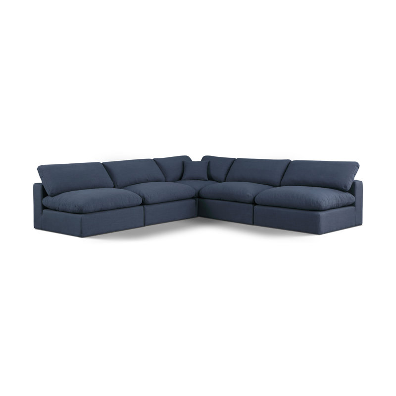 Canapé modulaire 5 pièces rembourré, Tissu texturé en lin bleu marine