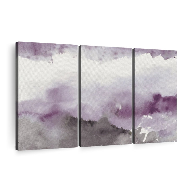 Paysage abstrait, minuit sur le lac, améthyste et gris sur toile, ensemble de 3 pièces, H 32 po x l 50 po x P 1,25 po