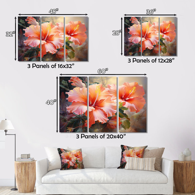 Hibiscus Romantic Impression IV sur toile, 3 pièces, H 28 po x l 36 po x P 1 po