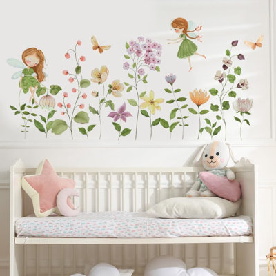 Autocollant mural fée des fleurs, fille papillon